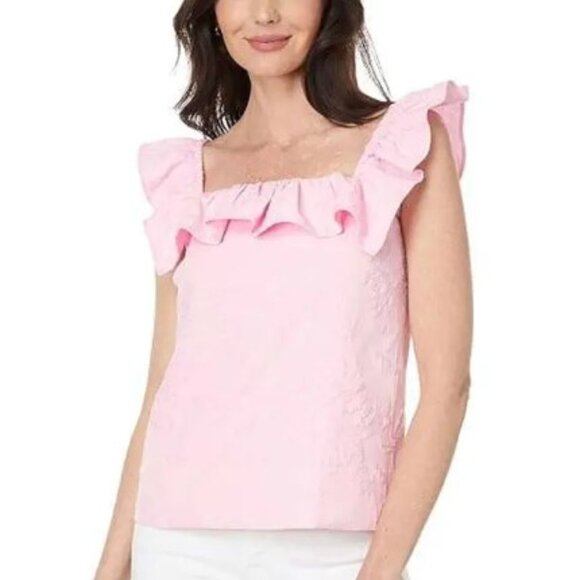 NWT Lilly Pulitzer Zoya Ruffle Top - Conch Shell Pink Caliente Pucker Jacquard - Picture 1 of 3